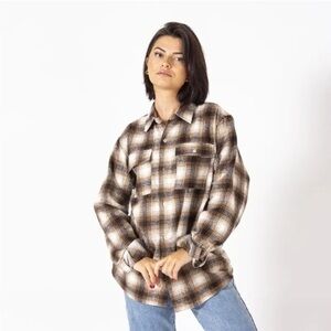 Neutral Bohemian Beige Brown White Plaid Button Down Shacket Oversized Small